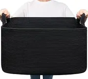 Goodpick Large Blanket Basket Living Room, 21.6" x 14.9" x 11.8" Woven Storage Basket for Blankets, Toys, Rectangle Rope Dirty Clothes Baskets for Nursery, Bedroom, Black