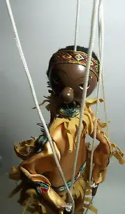 MARIONETTE PUPPET BLACK AMERICAN INDIAN WOOD VINTAGE TOY 1940's