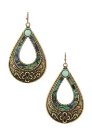 Gold-Tone Faux-Abalone Sea Shell Earrings Embossed Teardrop Dangle Teal Accent