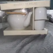 Pier 1 Imports White China Japanese Tea Set 1 Teapot, 4 Teacups, ORIGINAL BOX G1
