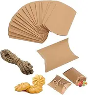 100Pcs Kraft Pillow Boxes with Jute String for Party Favors, Small Gift Boxes, 4*4*2.5 Inches Candy Boxes Brown Paper Pillow Candy Box Mini Party Favor Boxes Treat Boxes Wedding Gift Boxes for Baby Shower Wedding Birthday Party Supplies