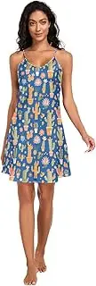 [FRODOTGV] Women Satin Nightgown Sexy V Neck Sleepwear Chemise Loungewear Cactus Pot Blue Sleeveless Sleepwear for Women S