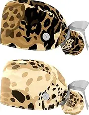 [YTYVAGT] 2-Pc,Nurse Scrub Caps,Scrub Hats with Buttons and Cotton Sweatband,Yellow Leopard Print