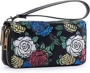 [XEYOU] Double Zipper Long Clutch Wallet Cellphone Wallet for Women with Removable Wristlet Strap for Credit Card, Cash, Coin, Bill, Rose, Modern