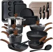 Induction Cookware Bakeware Set 30 Piece Black Granite Cooking Pans Set No