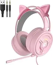 ZGUZMCMK PSH Gaming Headset with Noise Cancelling Mic, Stereo Surround, Soft Earmuffs Headphone with 3.5MM & Light, Pink Cat Ear