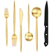 Stapava 24-Piece Matte Gold Silverware Set with Steak Knives, Stainless Steel...