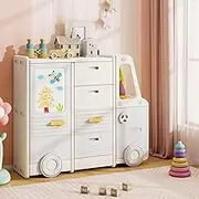 HONEY JOY Kids Toy Storage Organizer, Bus-Shaped Child Cabinet w/4 Pull-Out Drawers with Handles, Large & Small Cabinets, Spacious Countertop, Storage Organizer for Playroom, Classroom, Kindergarten