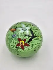 Paperweight Bee&Floral Art Glass Vintage Millefiori Art Glass Paperweight