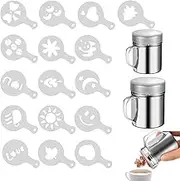 PIMXL Icing Sugar Shaker Set - 2 Cocoa and Coffee Stencil Shakers with 16 Different Stencils, Stainless Steel Mesh Stencils for Chocolate, Kitchen, Drinks and Baking (2 Sizes)