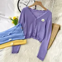 在飛比找樂天市場購物網優惠-秋季外套紫色V領溫柔風針織開衫毛衣女新款防曬衣罩衫上衣