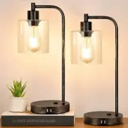 Industrial Touch Table Lamps Set of 2 - Rustic Black Bedside Lamps with 2 USB...