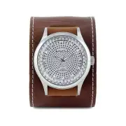 Silver Pointium Diamond Cut Watch with Brown Arrow End Single Stitch Leather Cuf