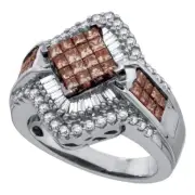 10kt White Gold Womens Princess Brown Diamond Cluster Cocktail Ring 1-1/2 C
