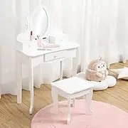 Hipicute Kids Vanity with Mirror and Stool, Girls Vanity with Wood Makeup Playset, Princess Vanity Table for Toddlers, White