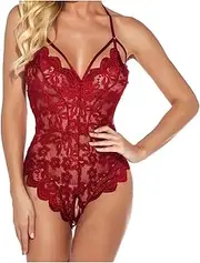 [AYTDNEHGK] Porn Women Sexy Underwear Erotic Sexi Lace Babydoll Bodysuit Sleepwear Lingerie Open Crotch Teddy Dress for Lenceria Costumes(Burgundy,M)