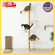 Wall-Mounted Cat Tree Wooden Cat Scratching Post W/ Hammock, Shelves and Perches