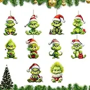 10Pcs Green Christmas Tree Ornaments G-rinch Acrylic Hanging Ornaments Cute Cartoon Christmas Ornament Funny Christmas Tree Decor Party Gifts for Home Holiday (Green)