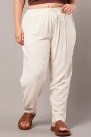 Beige Tapered Pants Elasticated Waist Cropped