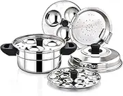Hometronics Stainless Steel Multi Steamer Pot (2 Idli Plates/6 Idlis, 1 Mini Idli Plate/15 Mini Idlis and 1 Multi-Purpose Steamer/Idiyappam Steamer Plate)(6 idli)