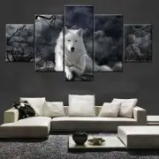 Multi Panel Print White Wolf Canvas 5 Piece Framed Wall Art Wolves Fog Picture