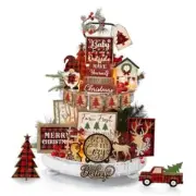 24 Pcs Christmas Tiered Tray Decor Wood Rustic Christmas Decoration for Home