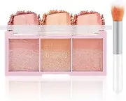 Apooliy 3 Colors Blush Palette，Blush Powder for Cheeks Makeup，Glitter Blusher with Brush，Long Wear，Highly Pigmented