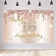 Tecreo Sweet 16 Birthday Decorations Happy 16th Birthday Backdrop Banner for Girls 16 Years Old, Rosegold Party Deco Photo Background, 59"x35.4"