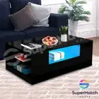 Modern LED Lights Coffee Table Storage Shelf Wooden Cabinet w/2 Drawers Black