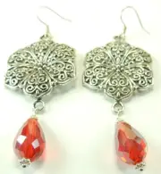 Flower Statement Earrings Red Briolette Crystal Handcrafted