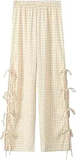 [Generic] Womens Gingham Check Pants Y2k Bow Tie Side Split Wide Leg Lounge Pants Casual Print Plaid Trousers