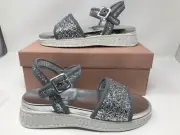 MIU MIU PRADA Glitter Run Double-Band Platform Sandal 38.5 / 8.5 Silver 5X323C