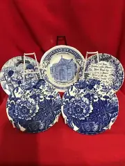 Burleigh Ware 5 blue & white decorative plates, Stoke on Trent, Staffordshire