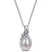 8.5-9.0mm Oval Cultured Freshwater Pearl and Natural Diamond Accent Scallop Ribbon Overlay Swirl Pendant in Sterling Silver