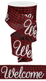 Gingham Welcome Canvas Wired Edge Ribbon 2.5" x 10 Yards Red Black White Check