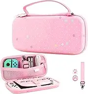 FUNDIARY Pink Carrying Case for Nintendo Switch and Switch OLED, Cute Carry Case for Switch and Switch OLED Console, Shockproof Hard Travel Case Accessories with Adjustable Shoulder Strap for Girls