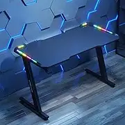 Ufurniture LED Gaming Desk 120x 60x75cm Z Shaped Computer Desk with Cup Holder Headphone Holder, Workstation Table with RBG Lights Carbon Fibre Surface