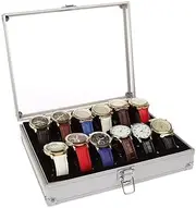 AIMALL 12 Grids Carbon Fiber Aluminum Watch Box Storage Case Holder, Watch Display Organizer for Jewelry, Watches, and Accessories, Silver, 26x21x6cm