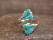 Native American Sterling Silver Turquoise Inlay Heart Adjustable Ring - Nastacio