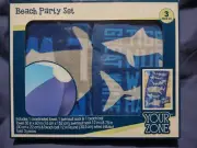 New Beach Party Boxed Set 3pc Towel Swimsuit Sack Beach Ball Shark Blue Grey NIP