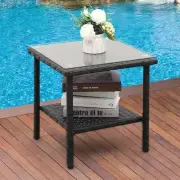 Outdoor Side Table, Black Patio Rattan Coffee Table with Glass Top Square Table