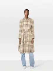 Ecru Wool Checkered Long Coat
