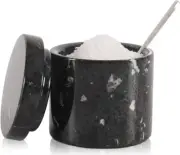 Marble Salt Cellar with Spoon 3'' Inches Black Salt Cellar Handmade Spice Jar Se