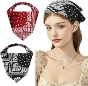 Kzvsiy 2-Pack Boho Head Kerchiefs, Elastic Hair Scarf Headbands, Paisley & Floral Chiffon Triangle Bandanas, Adjustable Turban Headwraps, Floral Hair Scarves for Women & Girls (Claret, Black)