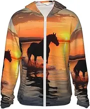[LHBWCVN] UPF 50+ Light Jacket Full Zip Sun Protection Hoodie for Women Men Long Sleeve Sunsets Lake Horses Sun Shirts