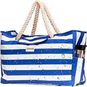 [SHYLERO] Beach Bag XXL. 100% Waterproof. L22"xH15"xW6" (56x38x15cm) w Rope Handles, Top Magnet Clasp, Outside Pockets. Dark Blue Stripes Shoulder Beach Tote Has Phone Case, Built-In Key Holder, Bottle Opener