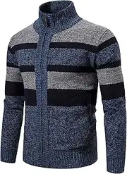 [Gsywaipei] Mens Collar Knitted Jacket Zip Up Long Sleeve Male Knit Sweater Coat Casual Stripe Slim Fit Knits Cardigan