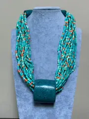 Multi strand mulit Blue And Orange Lucite Bead Chunky Necklace