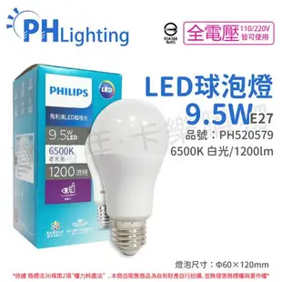 6入 【PHILIPS飛利浦】 真彩版 LED 9.5W E27 6500K 全電壓 晝白光 超極光 高演色 球泡燈 保固兩年 PH520579