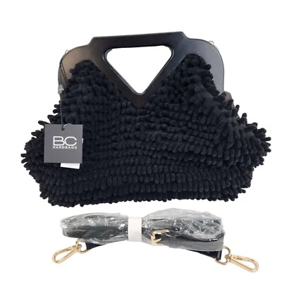 Band C Handbags Chenille Mop Crossbody Purse w Magnetic Wood Handles Black NEW